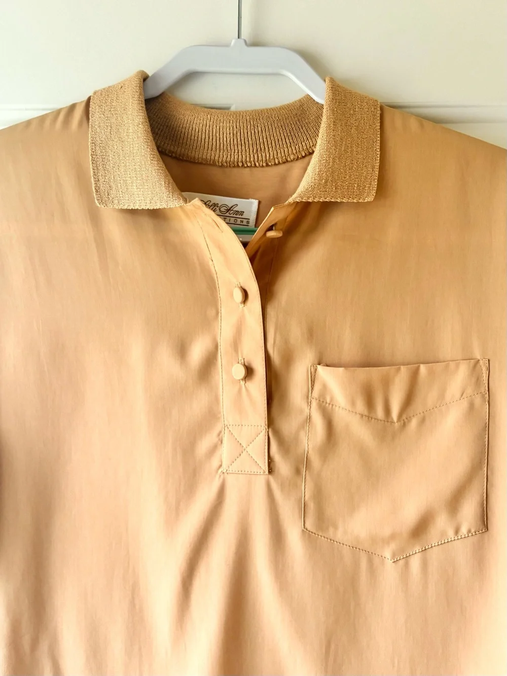 Vintage 80s Lilli Ann Collections Knit Collar Polo Blouse Top Tan Camel Size M